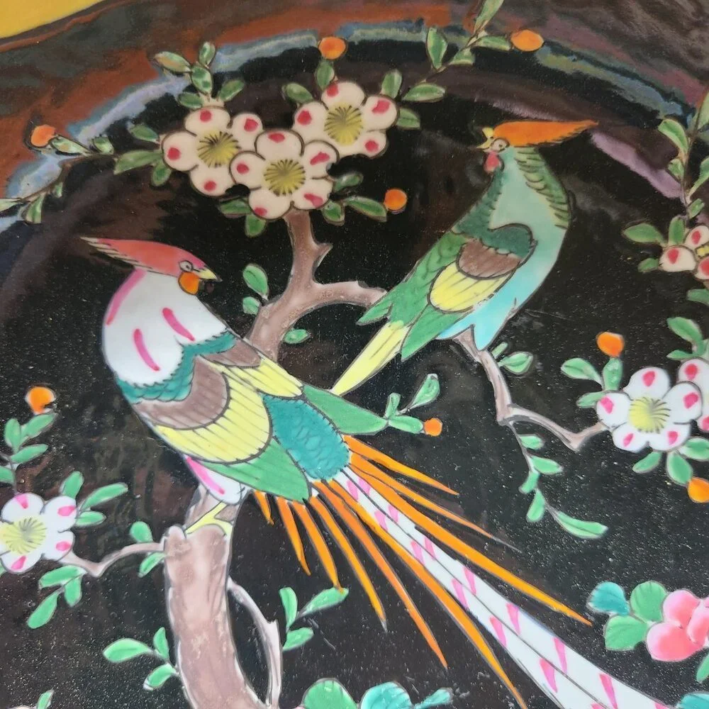 Chinese Famille Noir Porcelain Serving Bowl Birds of Paradise Flower Yellow Trim